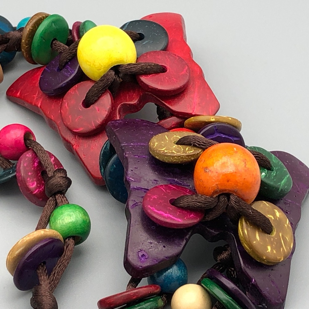 Vintage Multicolor Butterfly Tassel Necklace 30" Coconut Bead Boho Layering Cord - Picture 4 of 10